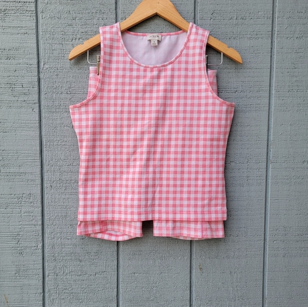 J Crew Cotton Gingham Plaid Crop Top Biker Short Set sz S Pink White